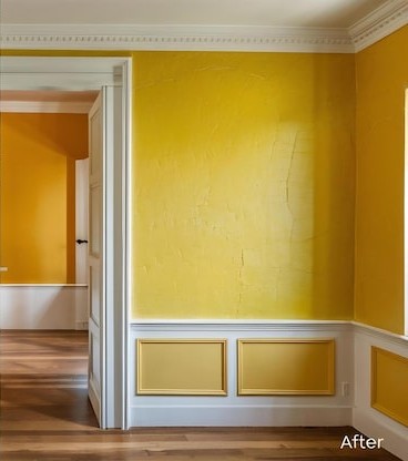 After: repainted yellow wall with restored wainscoting