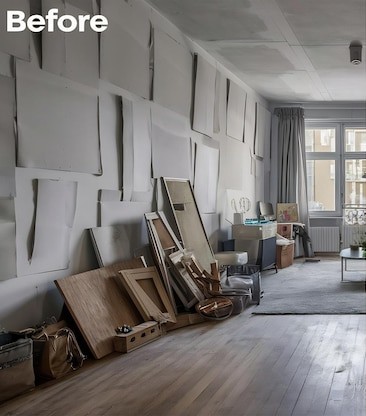 Before: cluttered studio space with stacked furniture and supplies